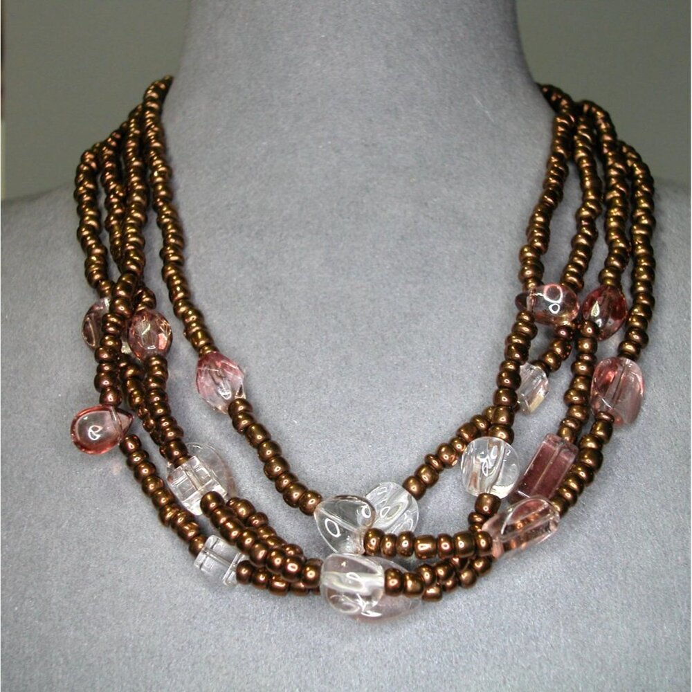 Bronze Beaded Necklace Clear Glass Accents  Adjustable Length 16"-18.5"